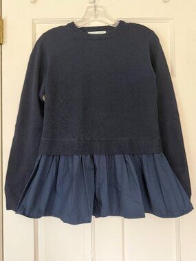 Navy Knit Sweater With Pleated Accent At Bottom